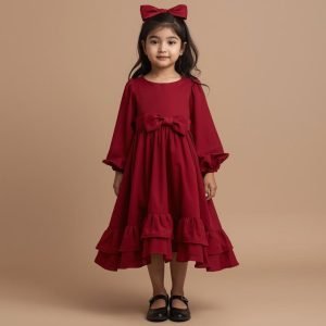 Kid’s Young Girl Bowknot Ruffle Hem Long Sleeve Princess Dress