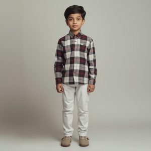 Boy Long Sleeve Plaid Shirt White Trousers