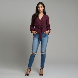 Women V-Neck Stripe Chiffon Shirt Jeans