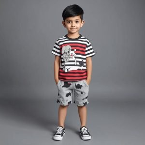 Kids Cartoon Striped Letter Printing Suit Short Sleeves Shirt Shorts
