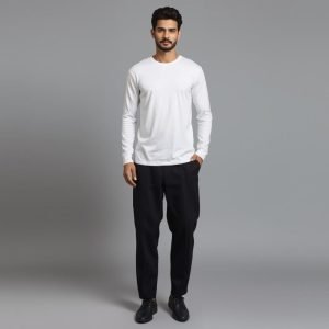Long Sleeve White T Shirt And Black Trouser Set For Men